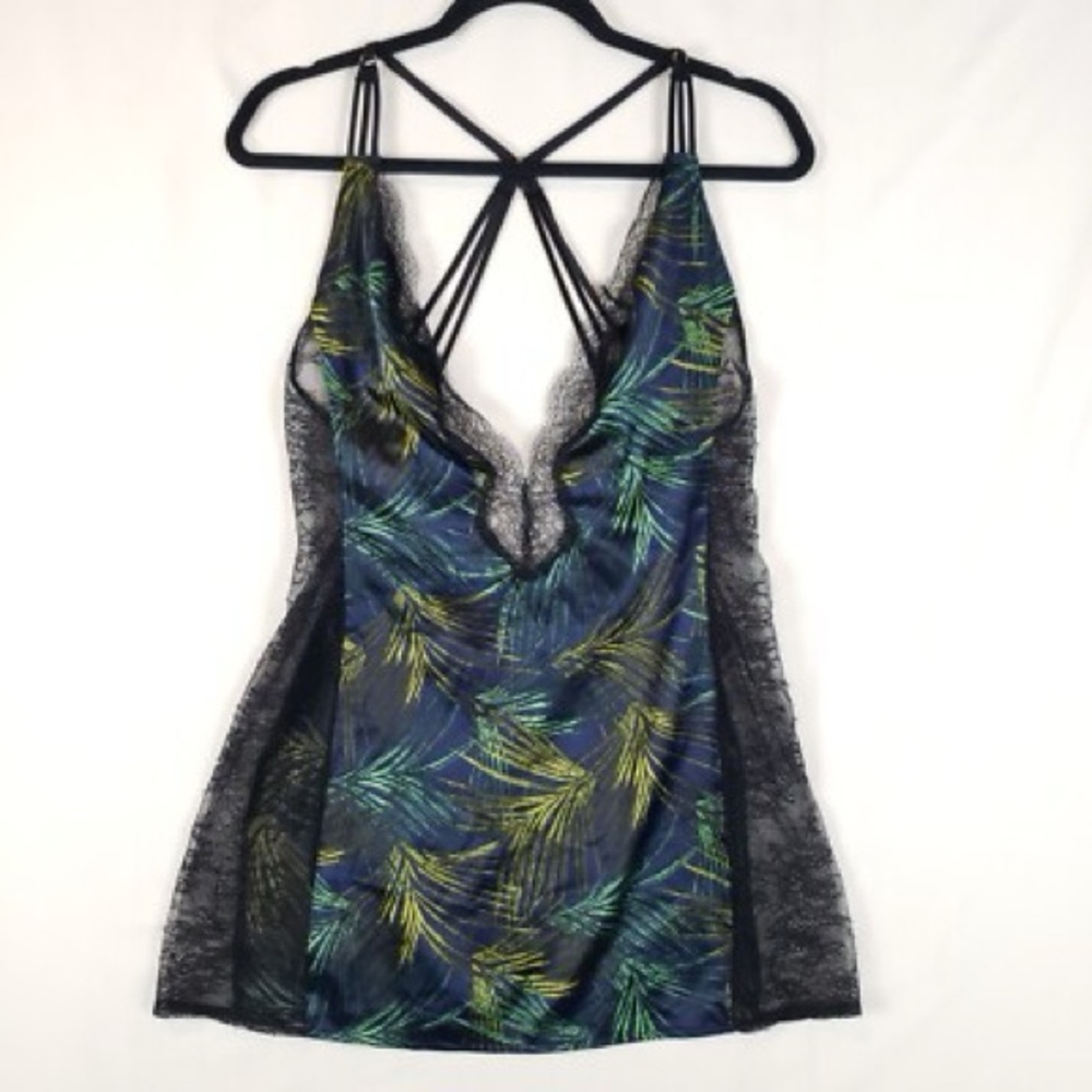 Victorias Secret Satin Chemise Medium Night Slip Lace Sides Strappy Tropical